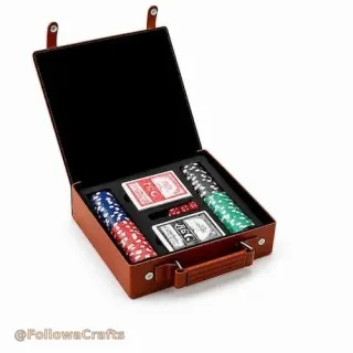 Small black leather chip case open with chips inside