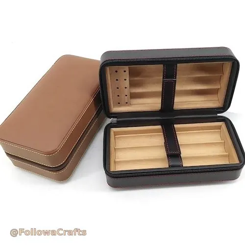 Leather cigar humidor box with cedar lining open