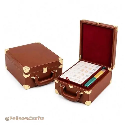 Black leather mahjong case with drawers open showing tiles