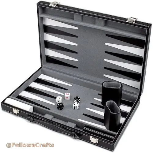 Luxury leather backgammon set in briefcase open with pieces