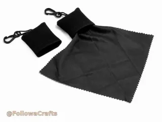 Grey microfiber cleaning cloth and matching drawstring pouch on table