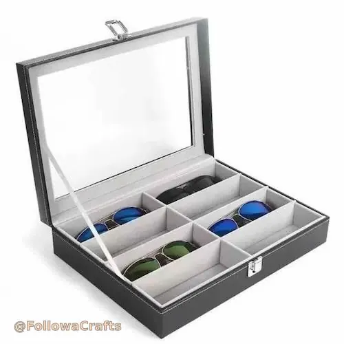Multi-slot leather sunglasses organizer with glass lid