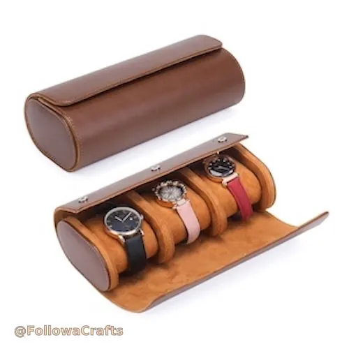 PU leather travel watch roll with three slots and snap closure