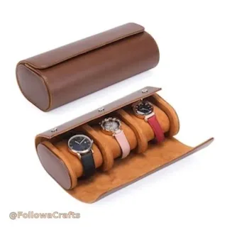 PU leather travel watch roll with three slots and snap closure
