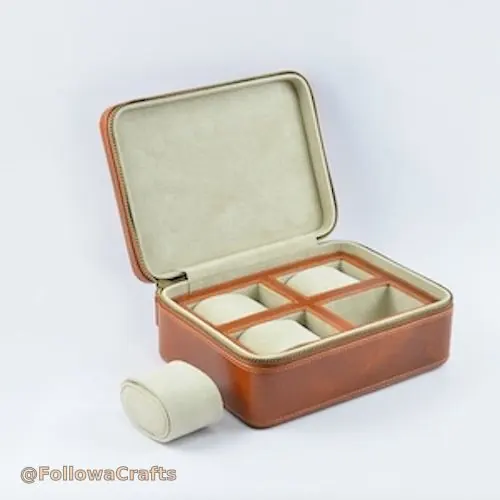 4-slot square PU leather watch box with zipper open showing pillows
