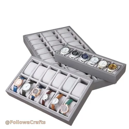 Leather watch display tray with watches in retail setting