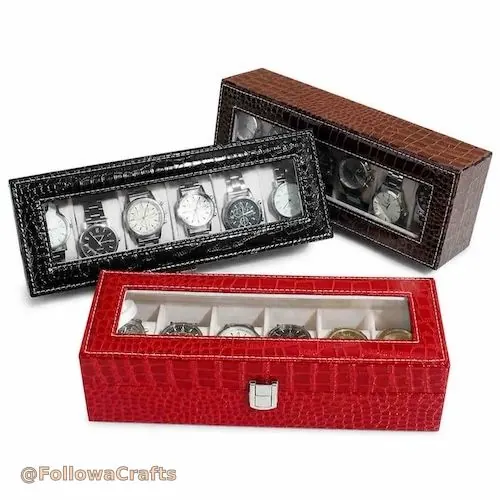 PU Leather Watch Display Case with Glass Top